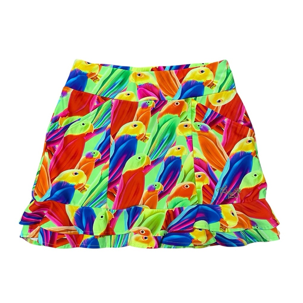 Tzu Tzu Parrot Print Bright Ruffle Skirt Skort Golf Tennis XS Tropical Athletic